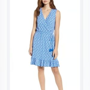 Tommy Bahama Blue Pineapple Print Sleeveless Wrap Mini Dress XS Tassels Staps